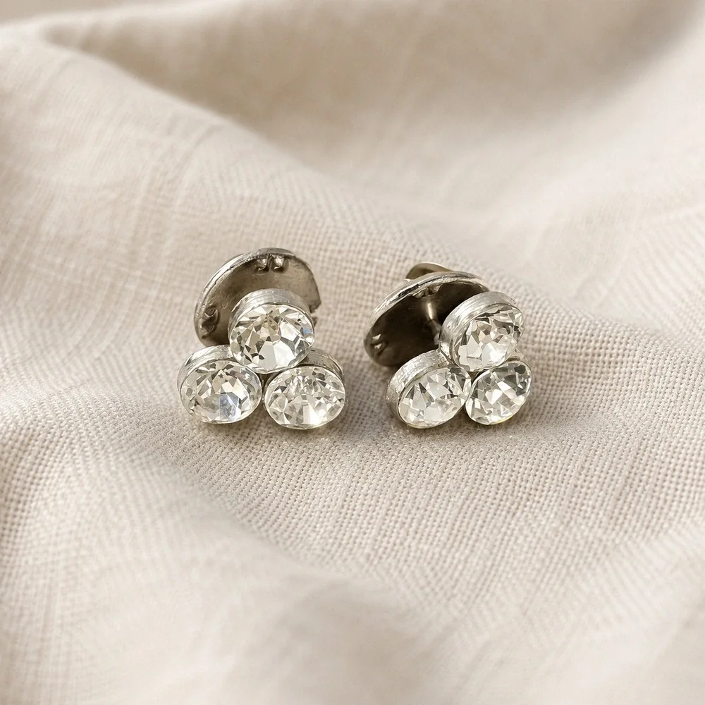 Vintage‎ Silver Tone Clear Rhinestone Cluster Lapel Pins Collar Studs Set of 2